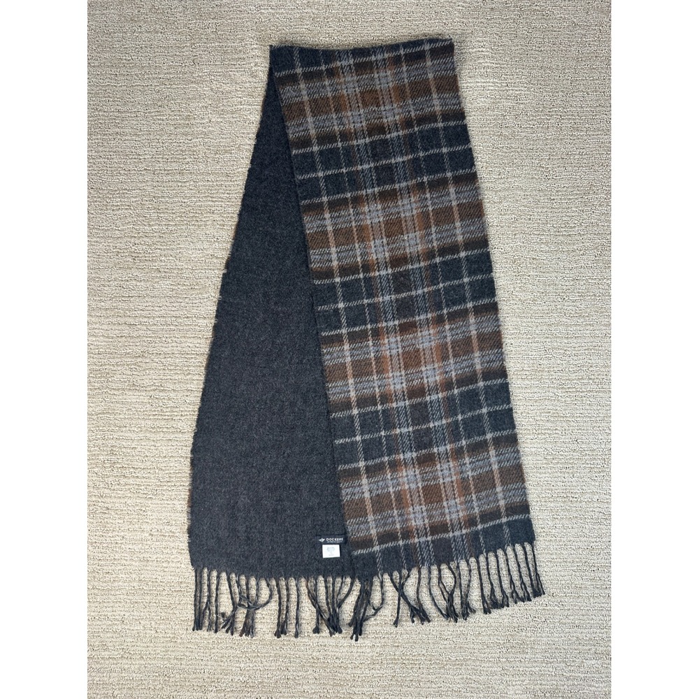 Dockers Mens Reversible Plaid Scarf Charcoal Grey Brown Acrylic Fringe Trim